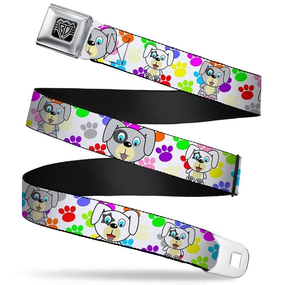 7715 Seatbelt Belt Puppies w/Paw Prints White/Multi Color 1.0" Wide
